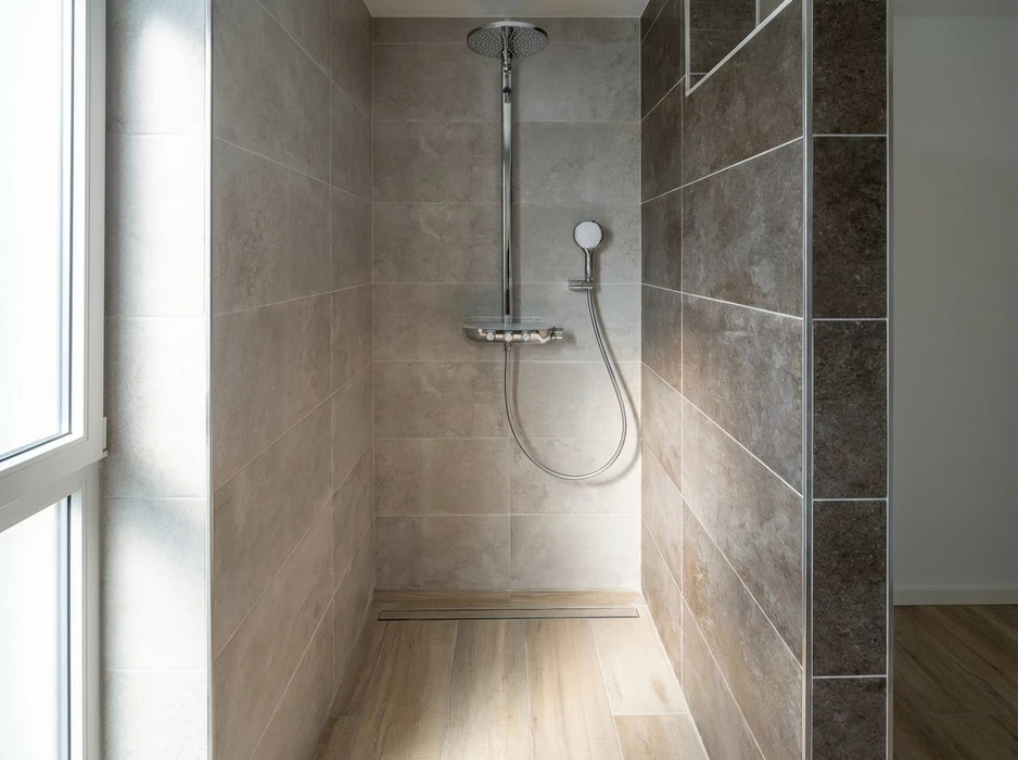 Douche à l'italienne moderne, carrelage grand format effet béton gris clair et gris anthracite