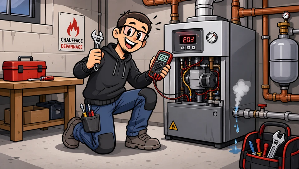 Technicien en bleu travaillant sur chaudière à gaz domestique, manipulation d'un multimètre digital affichant 206